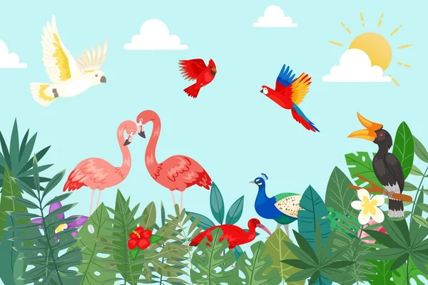 Tropical birds in exotic nature with palm and banana leaves on blue sky backdrop vector illustration. Tropical plants, flowers and birds flamingo, toucan, parrots.