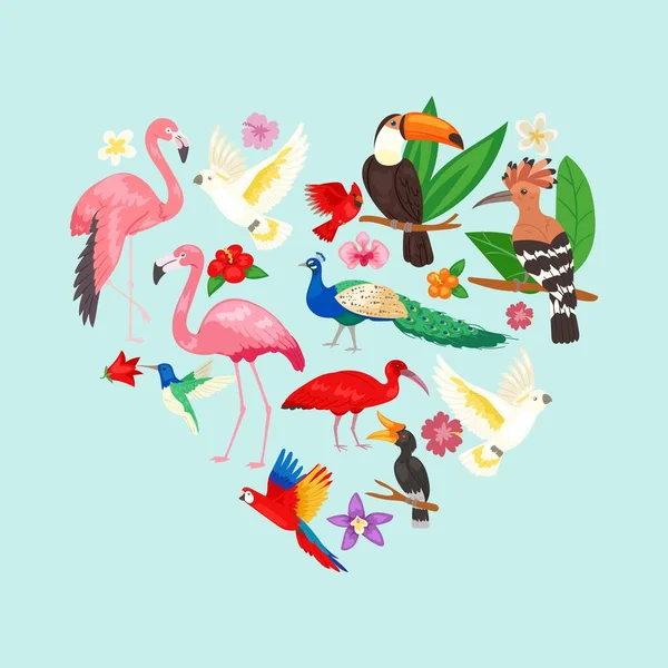 Samling av vackra exotiska tropiska fåglar vektor illustration. Macaw, papegoja, rosa flamingo, toucan, udot och hoopoe i hjärtform. Tropiska fåglar med blad och blommor. — Stock vektor