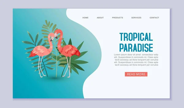 Tropical paradise web banner or vector template illustration. Flamigo em natureza exótica com folhas de palma no fundo azul. Paraíso tropical viagem e férias site . — Vetor de Stock