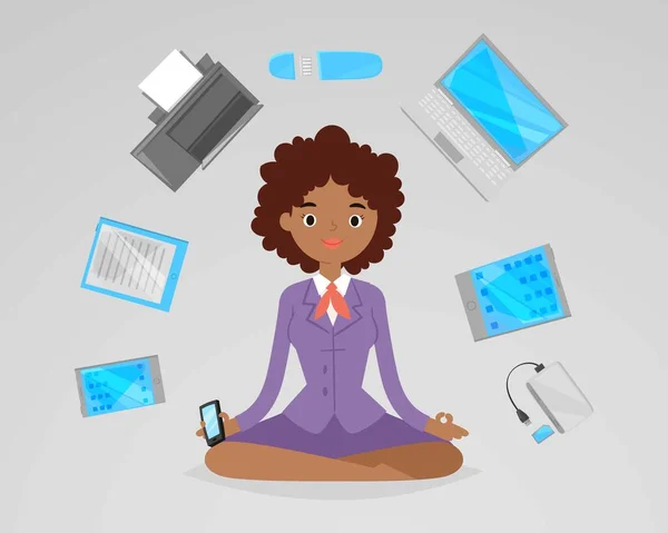 Meditazione donna d'affari, rilassarsi con gadget elettronici ufficio intorno ragazza in loto yoga posa vettoriale illustrazione. Afro americana donna d'affari meditando in ufficio . — Vettoriale Stock