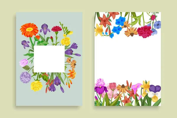 Banner floral conjunto com moldura de flores de rosas, camomilas, margaridas, astros e flores, bellflowers desenho animado vetor ilustração . — Vetor de Stock