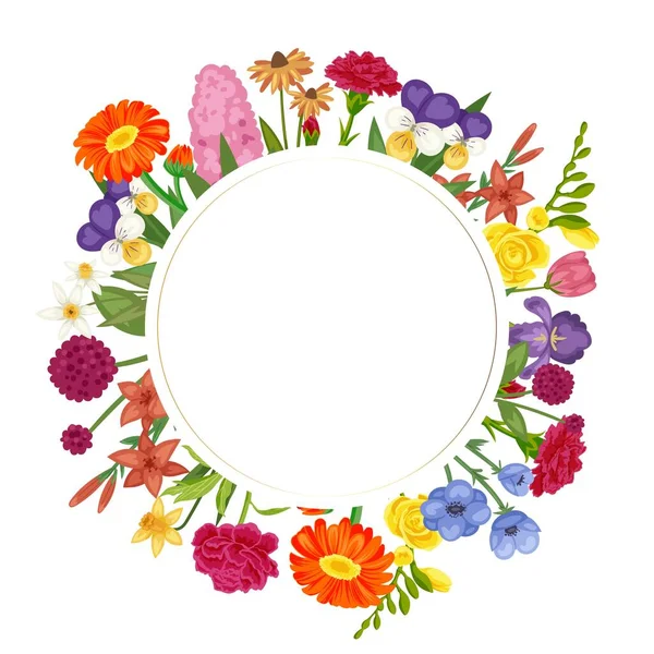 Círculo floral con flores marco de rosas, manzanillas, margaritas, astros y flores, bellflowers ilustración vector de dibujos animados . — Vector de stock