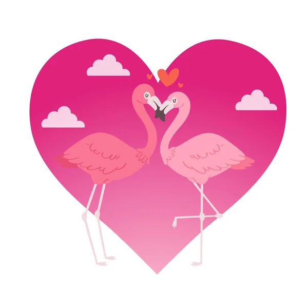 Flamingo ζευγάρι στην αγάπη των ζώων κινουμένων σχεδίων εραστές χαρακτήρες σε ημερομηνία αγάπης την ημέρα του Αγίου Βαλεντίνου, φιλιά αγαπούσε πουλί διανυσματική απεικόνιση στην καρδιά. — Διανυσματικό Αρχείο