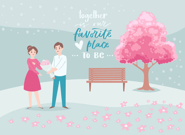 Valentine s Day romantic couple in love, cartoon people characters boy with heart and flowers and a girl lovers vector illustration.