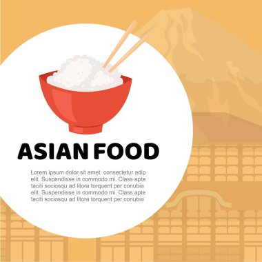 Asya yemekleri, Çin yemekleri, Japon mutfağı çizgi film çizimleri. Festival, alışveriş, menü veya kafe, restoran, çıkartma için Asya usulü pirinç ve suşi yemek posteri.