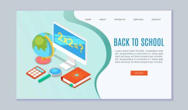 Okul ve üniversite çevrimiçi eğitim vektör web sitesi çizim şablonu. Eğitimin düz tasarım kavramları ve izleme, küre ve kitaplarla çevrimiçi öğrenme.