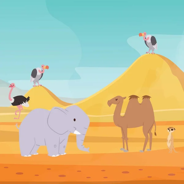 Afrika öken landskap bakgrund med tecknade platta afrikanska djur och fåglar vektor illustration för barn. Egypten varma sanddyner med kamel, elefant, skallig örn och meerkat. — Stock vektor