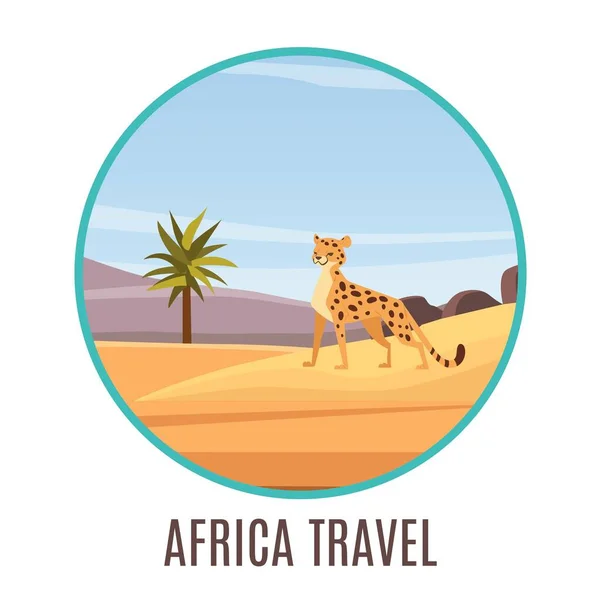 Afrika reiseabzeichen mit cartoon afrikanische landschaft und gepard vektorillustration für kinder. Ägypten Reisedienstleistungen für Familien mit Kindern. — Stockvektor