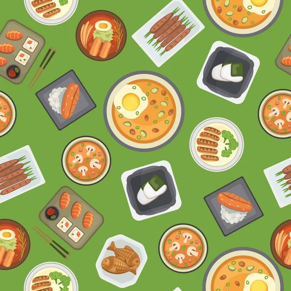 Comida asiática e chinês, cozinha japonesa desenho animado padrão sem costura vetor. Ilustração de arroz e sushi, sopa comida asiática. Para café, menu de restaurante ou embrulho . — Vetor de Stock