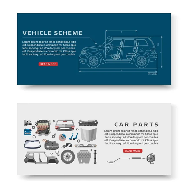 Car spares and auto parts with vehicle scheme vector illustration banners set. Auto diagnostics test service, protection insurance shop. Repair help. Smart technology for auto cars. — Stock Vector