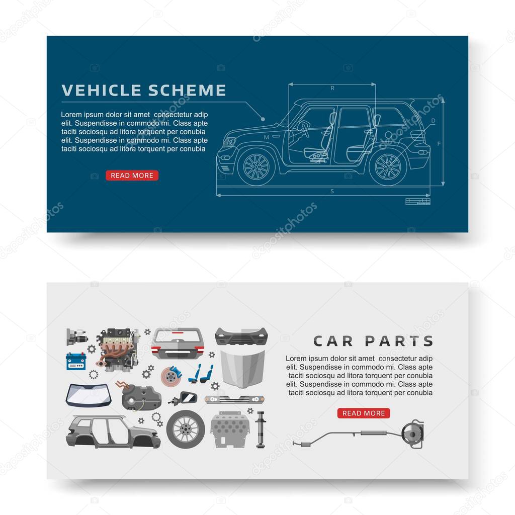 Car spares and auto parts with vehicle scheme vector illustration banners set. Auto diagnostics test service, protection insurance shop. Repair help. Smart technology for auto cars.