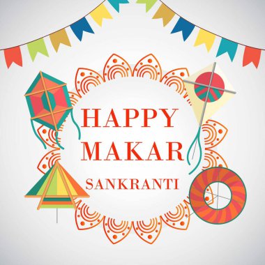 Mutlu Makar Sankranti 'yi Hindistan arka planında renkli uçurtmalar ve bayrak vektör resimleriyle kutlayın. Makar Sankranti bayramı için Hint festivali posteri.
