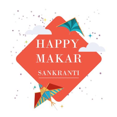 Mutlu Makar Sankranti Hindistan afişi renkli uçurtmalar ve konfeti vektör illüstrasyonuyla. Makar Sankranti bayramı için Hint bayrağı.