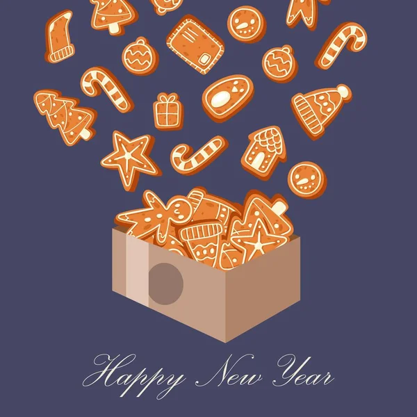 Biscuits au pain d'épice heureuse année et illustration vectorielle de Noël pour carte de vœux de vacances . — Image vectorielle