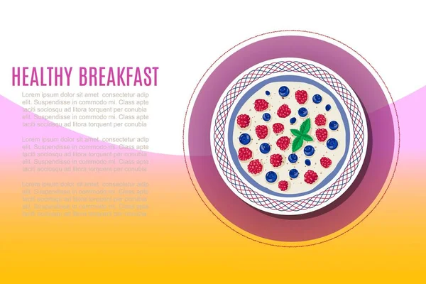 Βρώμη γεύμα για υγιεινό πρωινό, χυλό και μούρα vector illustration banner. — Διανυσματικό Αρχείο