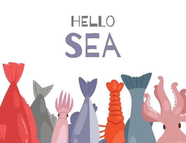 Marisco restaurante menú cartel vector ilustración con pescado fresco, calamares y colas de camarones, mercado pesquero. Conjunto de colas de comida marina aisladas sobre fondo blanco . — Vector de stock
