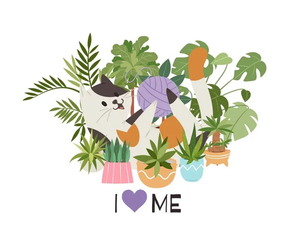 Gatinho bonito brincando com bola de lã em forma de coração plantas em casa com i amor gatos inscrição, desenho animado ilustração vetorial . — Vetor de Stock