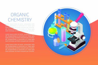 Cam mataraları, reaktörler ve mikroskop vektör çizimleri ile organik kimya eğitimi ve bilim konsepti.