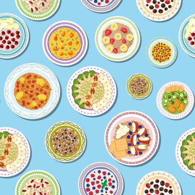 Yulaf lapası, meyve, böğürtlen ve sağlıklı sabah vektör örnekleriyle kahvaltı..