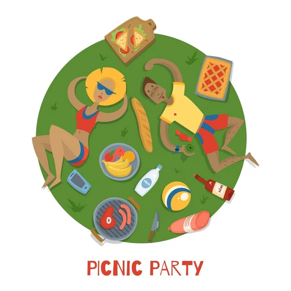 Estate pic-nic party nel parco sul prato con felice coppia cartone animato vettoriale illustrazione . — Vettoriale Stock