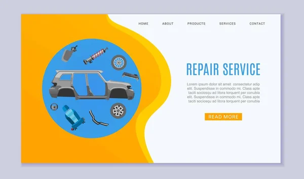 Car repair service banner with auto parts, wheels, brakes and auto carcass web banner vector illustration. — Stock Vector