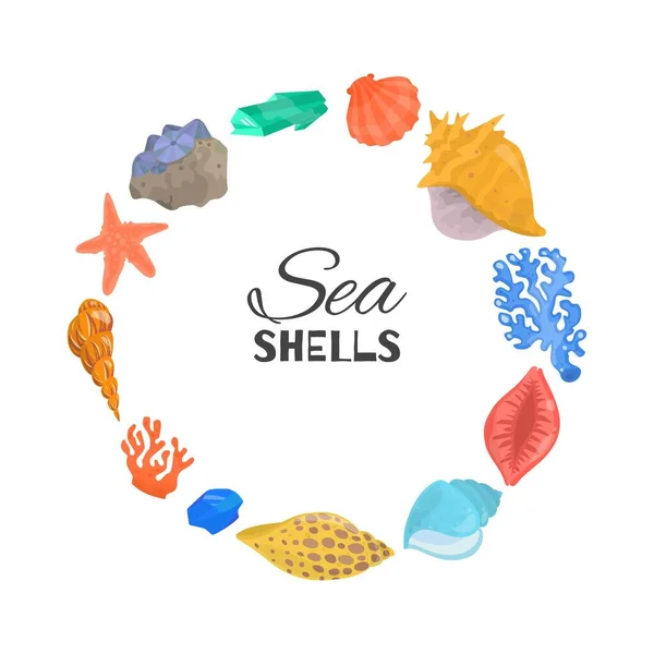 Tecknad havsskal, sjöstjärnor, korall och hav cockleshells i cirkel sammansättning med typografi isolerad på vit, vektor illustration. — Stock vektor