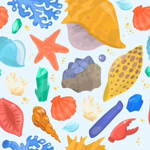 Conchiglie dei cartoni animati, stelle marine, coralli e cockleshells oceanici isolati su modello bianco senza soluzione di continuità, illustrazione vettoriale . — Vettoriale Stock