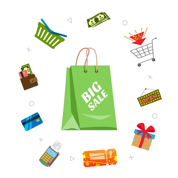 Achats en ligne et articles de vente autour des cadeaux sac de vente, panier, cartes de crédit et coupons de réduction, argent comptant dans l'illustration vectorielle cercle . — Image vectorielle