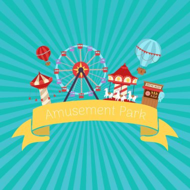 Amusement park retro vector illustration. Carousels. Slides and swings, ferris wheel attraction and air baloon cartoon vintage amusement park poster.