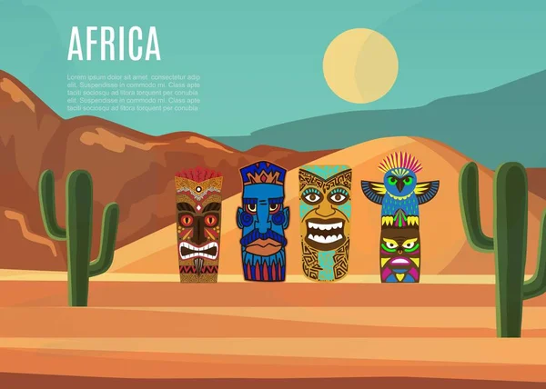Paysage africain et masques africains, illustration vectorielle. Masques vaudous africains. Symboles ethniques africains rituels. Visages afro totem zulu coloré sur le dessert avec des cactus . — Image vectorielle