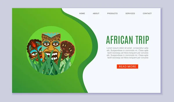 Africa trip and travel vector web template. Illustration of african and voodoo masks. Ritual african ethno symbols. Colorful zulu totem afro faces for travel agency website. — 图库矢量图片