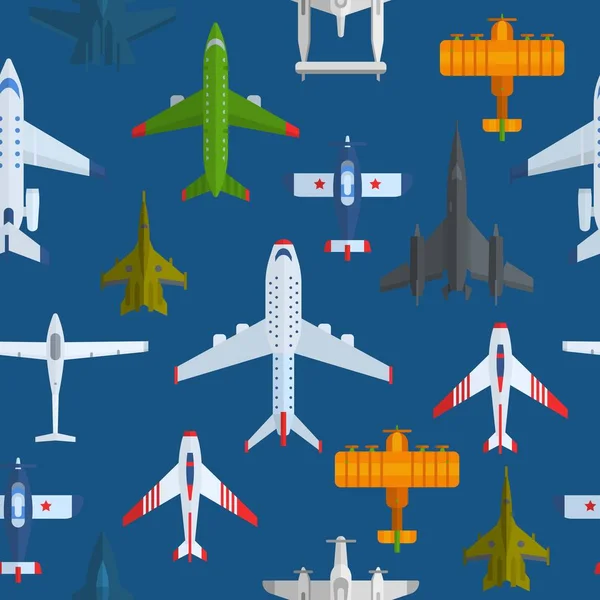 Airplanes seamless vector pattern. Cartoon passenger airplanes and war planes, bombers and aeroplanes background. Graphic, textile or web design. — Stock vektor