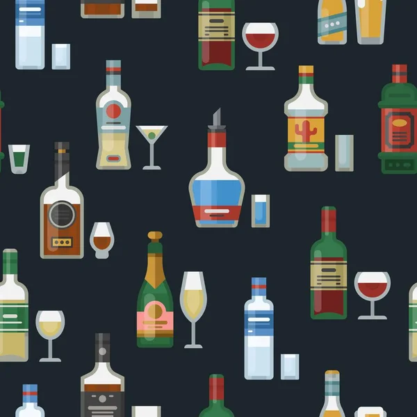 Alcohol bottles and glasses seamless vector pattern. Strong alcohol, whisky, vodka and tequilla illustration. Drink bar party menu design. — 图库矢量图片