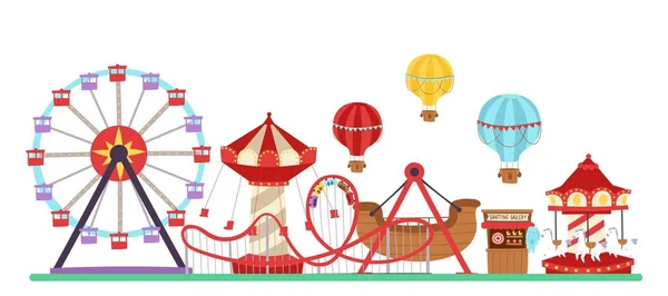 Amusement park vector illustration isolated on white. Carousels. Slides and swings, ferris wheel attraction and air baloon cartoon or amusement park poster. — 스톡 벡터