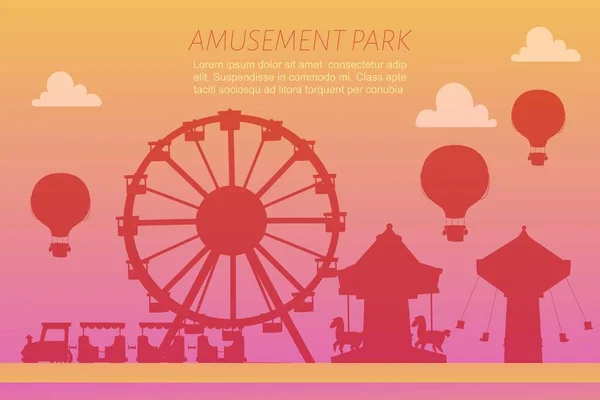 Amusement park silhoettes on gradient background vector illustration. Carousels. Slides and swings, ferris wheel attraction and air baloon amusement gradient park poster. — Stok Vektör