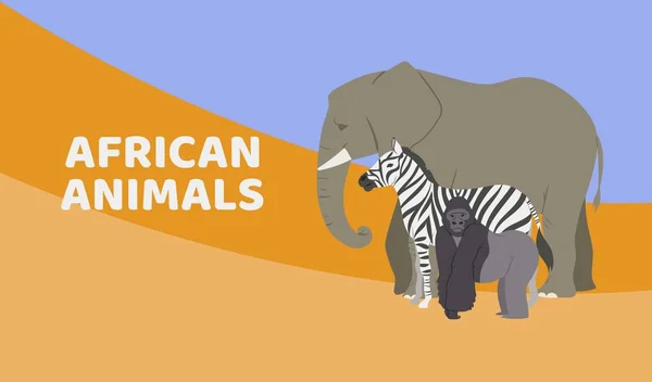 Zoológico ou entrada de safári com cartaz ou banner vetorial de animais africanos. Ilustração de elefante, gorila e zebra, fauna africana. Parque de animais de África visitante . — Vetor de Stock