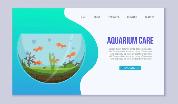 Fish aquarium with golden fishes vector web template. Fish aquarian house underwater tank bowl. Home aquarium system with water and plants banner for pet shop website. — Stock vektor