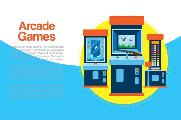 Arcade games machine vector illustration. Arcade gambling games in casino where gamesome gambler or gamer bet in gaming computer machinery illustration. — ストックベクタ