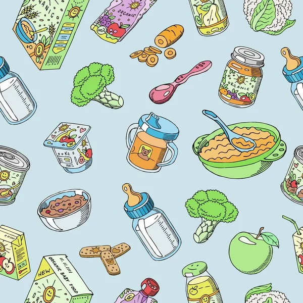 Doodle bebê padrão sem costura vetor de comida. Ilustração de alimentos para recém-nascidos e bebês, incluindo bebidas, mingaus, purê e colher, mamadeira de leite, purê e suco . — Vetor de Stock