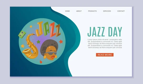 Festival do dia de jazz e música jazz festa vetor página ilustração com saxsofone, cantor preto e amostra de texto . — Vetor de Stock