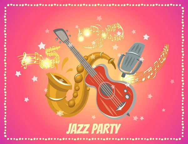 Jazz e blues festa de música ou festival cartaz vetor ilustração com texto de amostra e instrumentos musicais, estrelas e notas musicais sobre fundo retro rosa . — Vetor de Stock