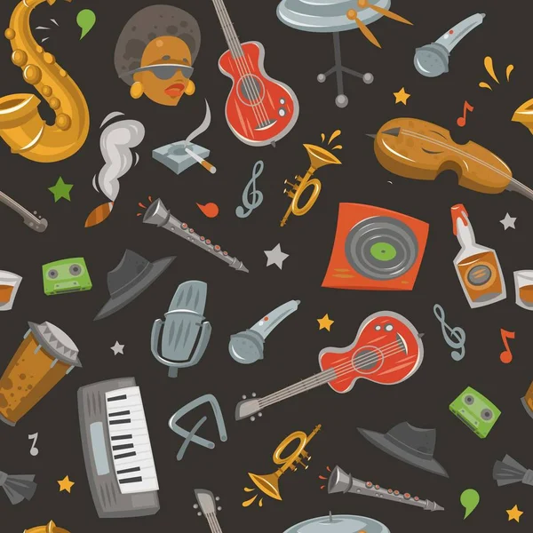 Jazz band and musical instruments vector seamless pattern illustration with saxophone, trumpet, guitar, piano on black background. — Stock vektor