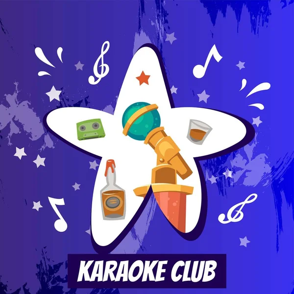 Karaoke club e festa musicale poster vettoriale illustrazione con microfono, note musicali, cassetta e alcol . — Vettoriale Stock