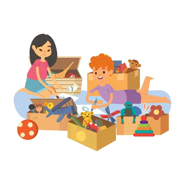 Kids painting and playing with toys together in kindergarten vector cartoon illustration. — 图库矢量图片