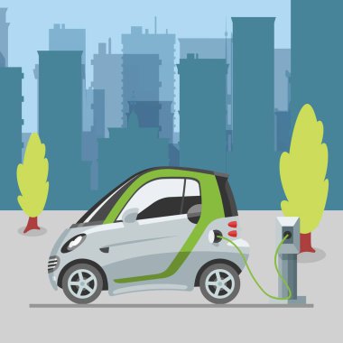Şehrin web vektör şablonunda ekolojik ekolojik elektromobil. Şehir manzarasında pille çalışan elektronik arabası ve gökdelenleri olan elektrikli otomobil..