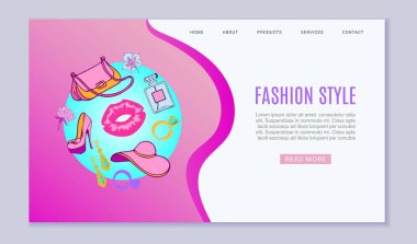 Moda web mağazası şablonu, vektör illüstrasyonu. Çizgi film kıyafetleri, aksesuarlar ve ayakkabılarla çevrimiçi alışveriş konsepti. Hanımlar için modern moda.