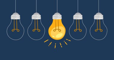 Ampul, yeniliğin sembolü ve iyi fikirler vektör illüstrasyonudur. Nesli tükenmiş bir ampul. Fikir üretme posteri. İcat ve çözüm kavramı.