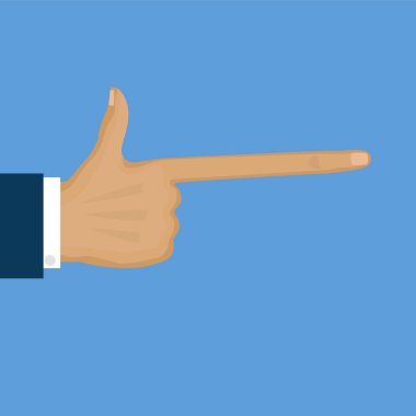 Uzun parmak düz çizgi film vektör çizimi. Mavi arka planda insan eli. Hipertrofik işaret parmağı. El ilanı. El simgesi.