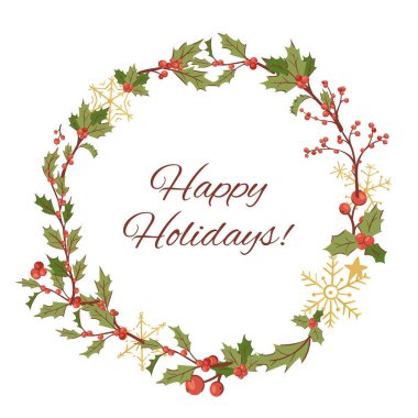 Noel çelengi Holly ve böğürtlenlerle süslenmiş ve mutlu kış tatili illüstrasyonları.
