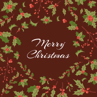 Böğürtlenli ve ökseotu dallı mutlu noel tebrik kartı. Çizgi film vektör çizim kartı..